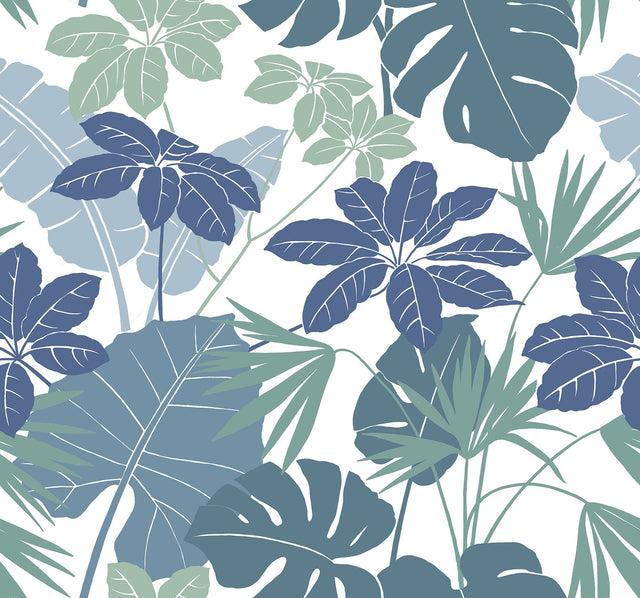 Medellin Blue Rainforest Floor Wallpaper with Botanical Bohemian Pattern - Brewster 4122-72411