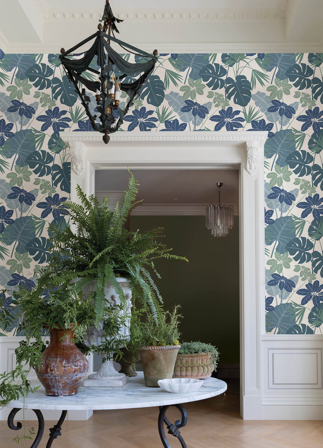 Medellin Blue Rainforest Floor Wallpaper with Botanical Bohemian Pattern - Brewster 4122-72411