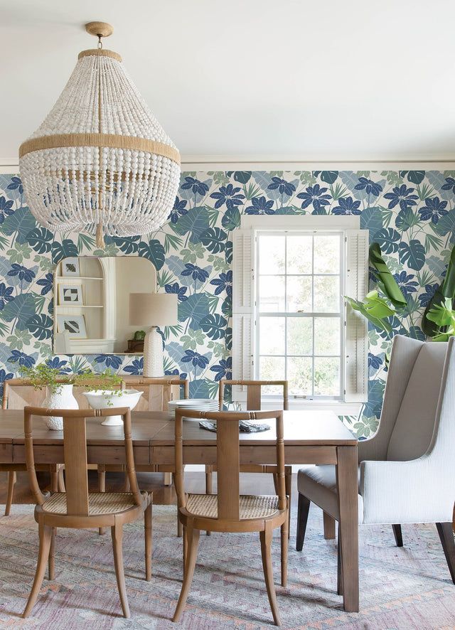 Medellin Blue Rainforest Floor Wallpaper with Botanical Bohemian Pattern - Brewster 4122-72411