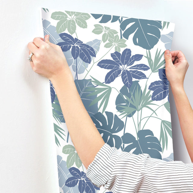 Medellin Blue Rainforest Floor Wallpaper with Botanical Bohemian Pattern - Brewster 4122-72411