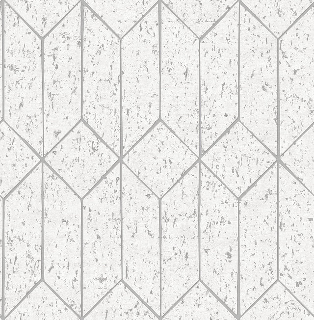 Hayden White Concrete Trellis Wallpaper with Metallic Geometric Textured Pattern - Brewster 4125-26700