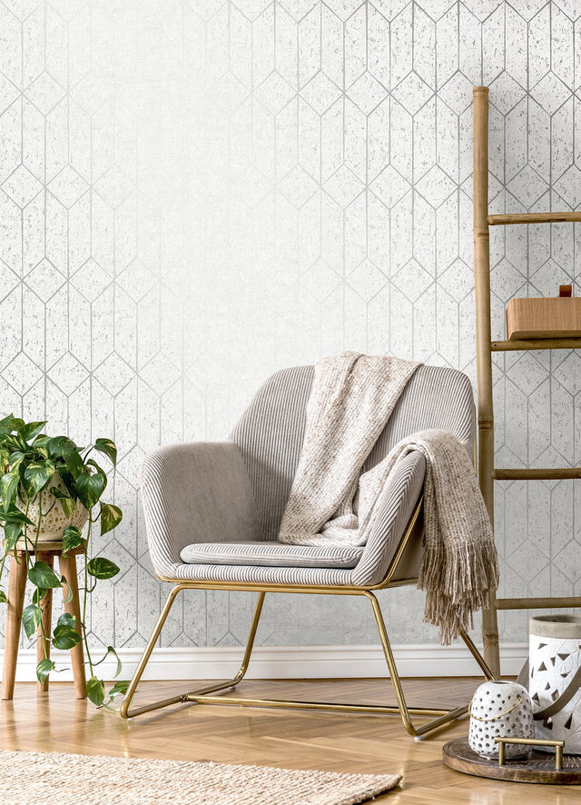 Hayden White Concrete Trellis Wallpaper with Metallic Geometric Textured Pattern - Brewster 4125-26700