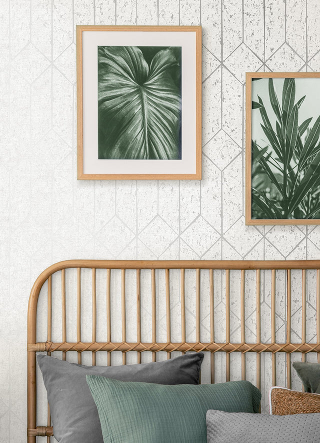 Hayden White Concrete Trellis Wallpaper with Metallic Geometric Textured Pattern - Brewster 4125-26700