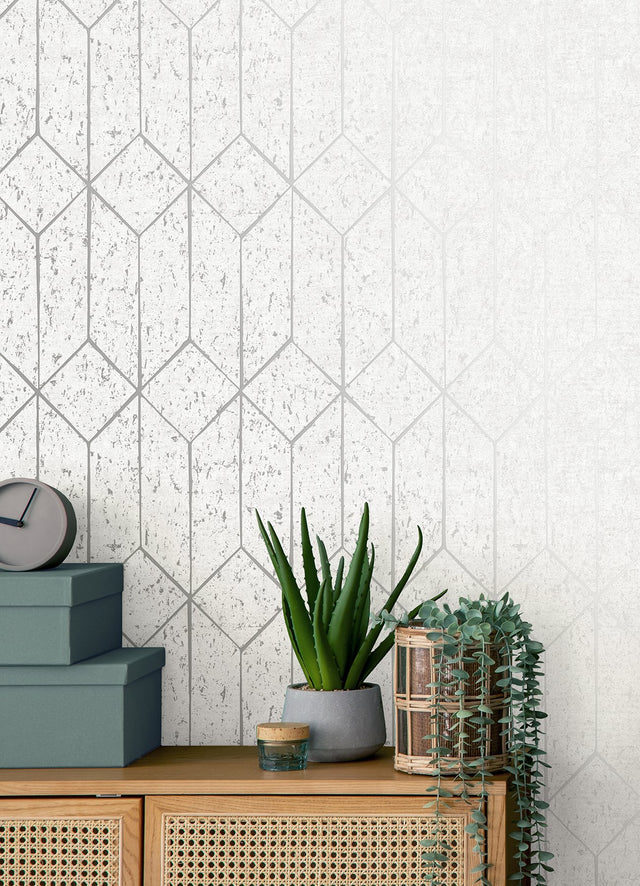 Hayden White Concrete Trellis Wallpaper with Metallic Geometric Textured Pattern - Brewster 4125-26700