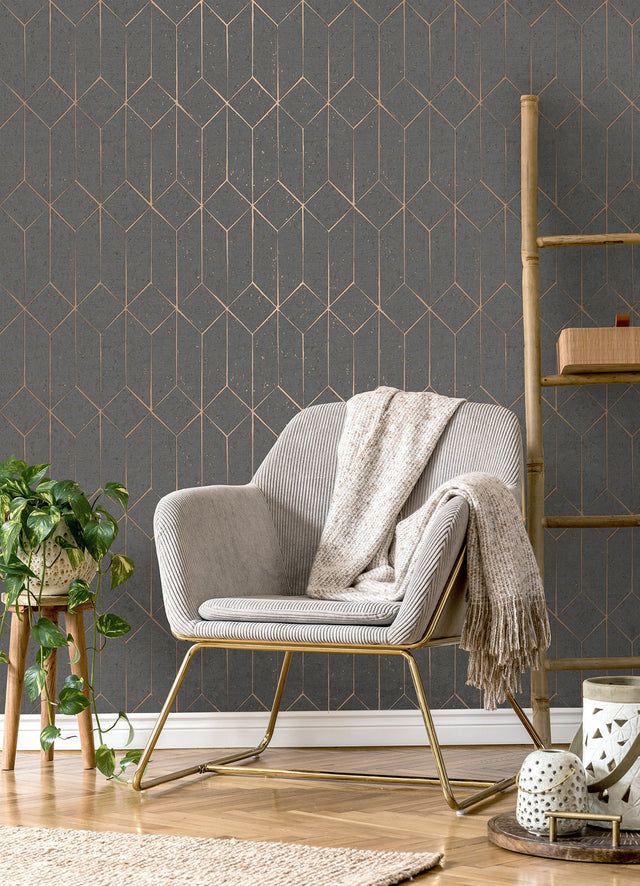 Hayden Charcoal Concrete Trellis Wallpaper with Metallic Geometric Texture - Advantage 4125-26701