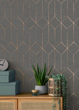 Hayden Charcoal Concrete Trellis Wallpaper with Metallic Geometric Texture - Advantage 4125-26701