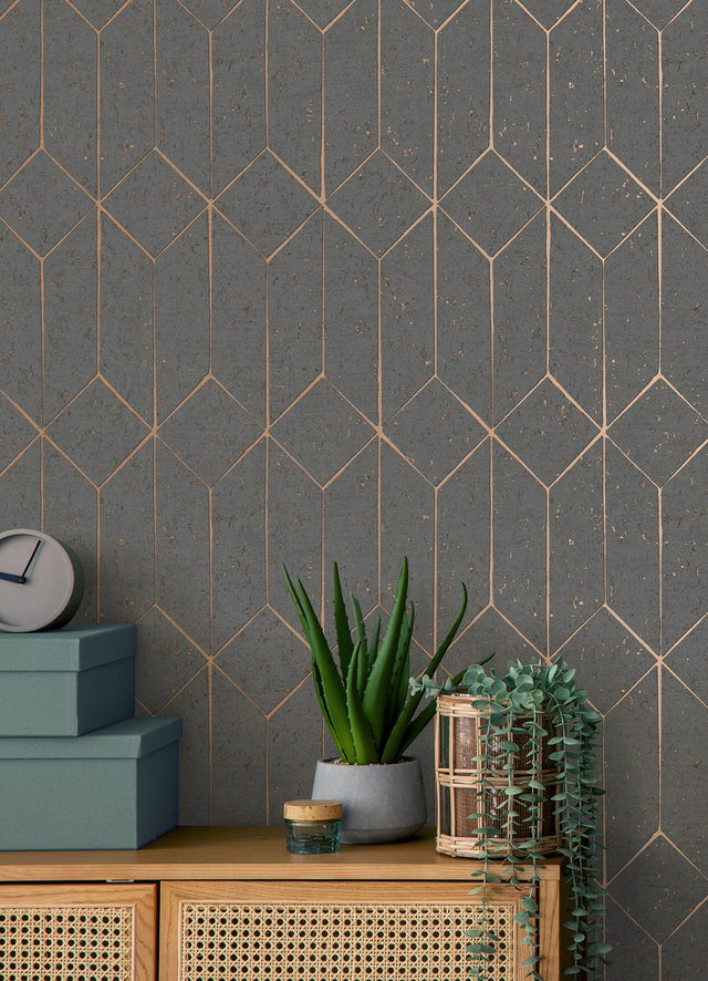Hayden Charcoal Concrete Trellis Wallpaper with Metallic Geometric Texture - Advantage 4125-26701