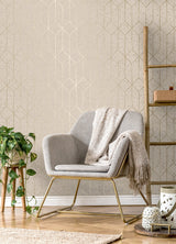 Hayden Bone Concrete Trellis Wallpaper with Metallic Textured Geometric Motif - Brewster 4125-26702