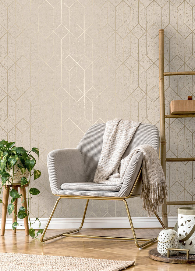 Hayden Bone Concrete Trellis Wallpaper with Metallic Textured Geometric Motif - Brewster 4125-26702