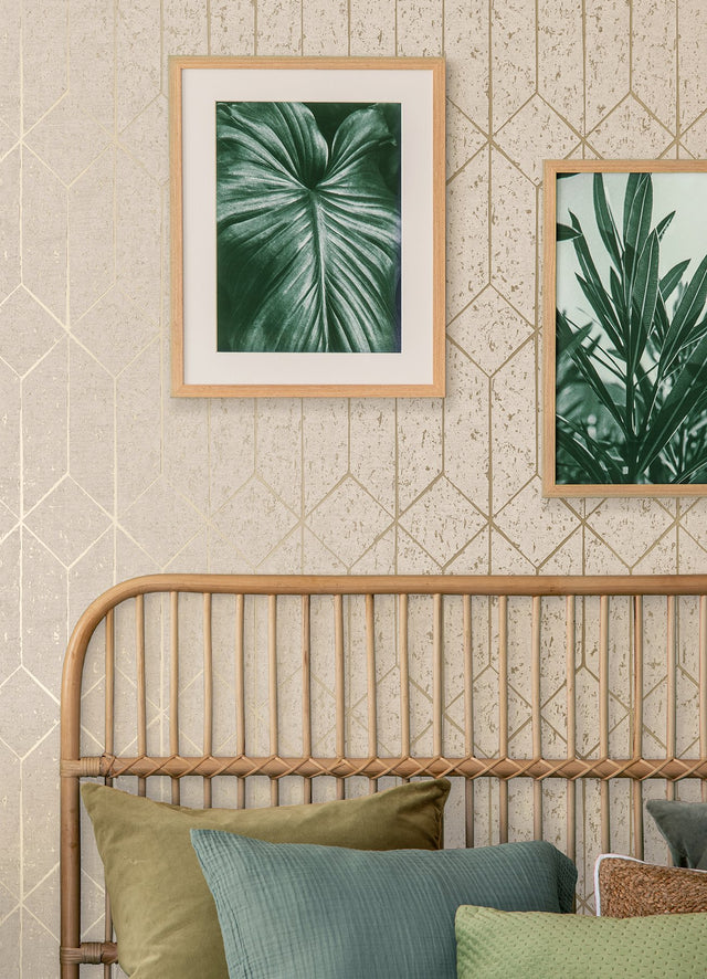 Hayden Bone Concrete Trellis Wallpaper with Metallic Textured Geometric Motif - Brewster 4125-26702