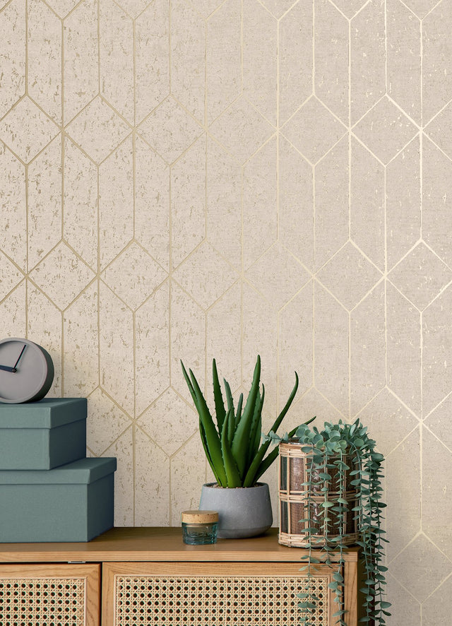 Hayden Bone Concrete Trellis Wallpaper with Metallic Textured Geometric Motif - Brewster 4125-26702