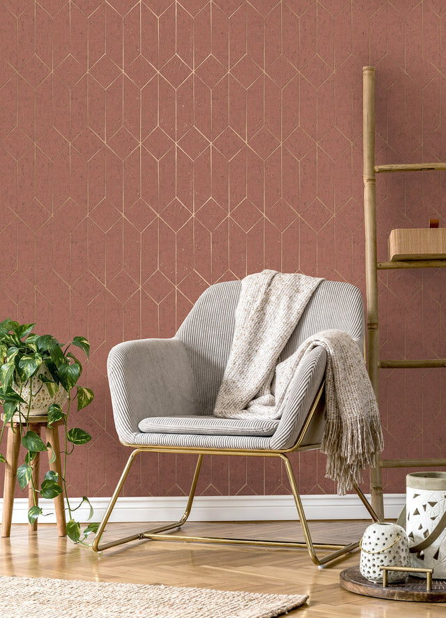 Hayden Raspberry Concrete Trellis Wallpaper with Metallic Geometric Pattern - Advantage 4125-26703