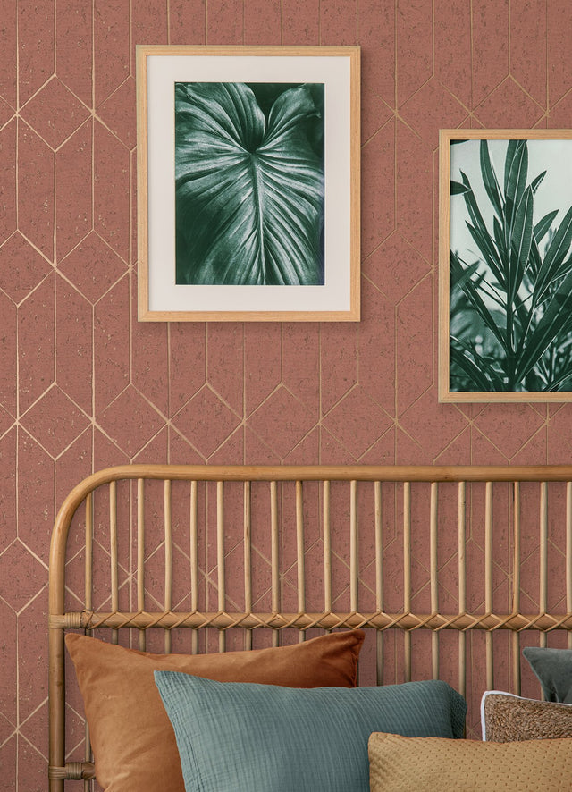 Hayden Raspberry Concrete Trellis Wallpaper with Metallic Geometric Pattern - Advantage 4125-26703