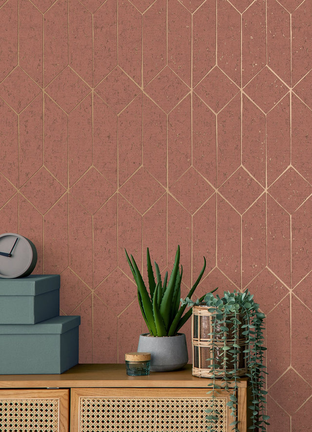 Hayden Raspberry Concrete Trellis Wallpaper with Metallic Geometric Pattern - Advantage 4125-26703