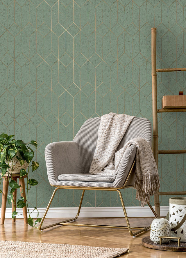 Hayden Mint Concrete Trellis Wallpaper with Metallic Geometric Texture - Brewster 4125-26704