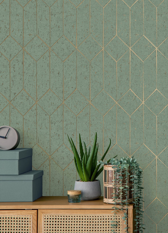 Hayden Mint Concrete Trellis Wallpaper with Metallic Geometric Texture - Brewster 4125-26704