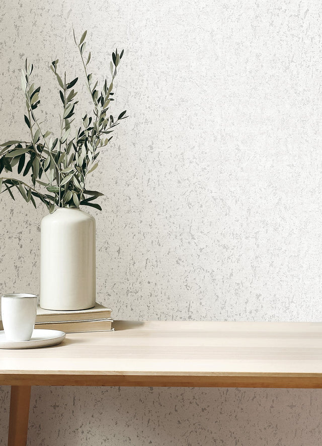 Callie White Concrete Wallpaper with Metallic Distressed Texture - Advantage 4125-26705