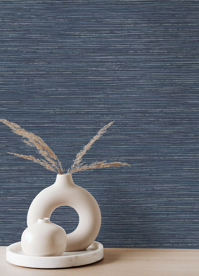 Alton Indigo Faux Grasscloth Wallpaper, Raised Ink Textured Modern Graphics - Brewster 4125-26712