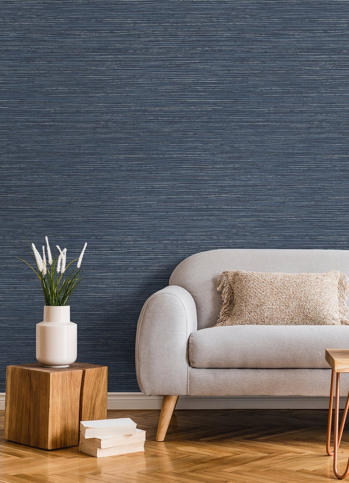 Alton Indigo Faux Grasscloth Wallpaper, Raised Ink Textured Modern Graphics - Brewster 4125-26712