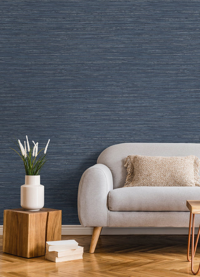 Alton Indigo Faux Grasscloth Wallpaper, Raised Ink Textured Modern Graphics - Brewster 4125-26712