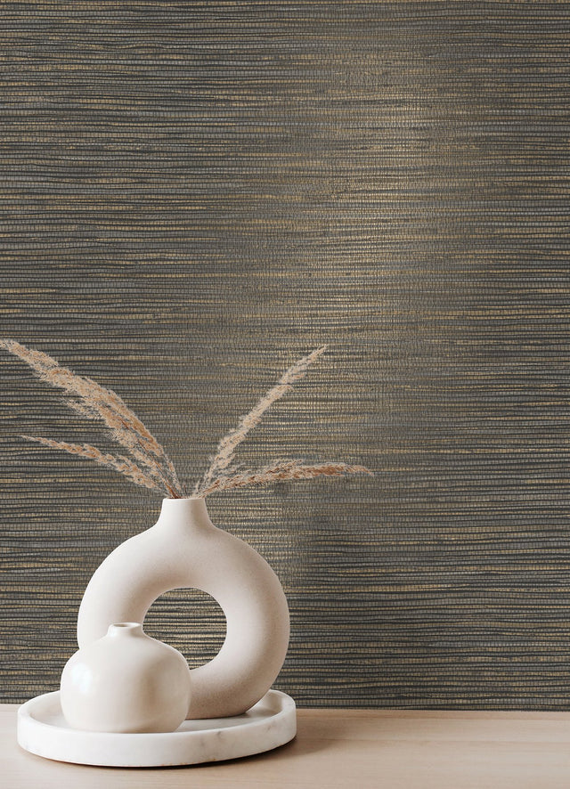 Alton Black Faux Grasscloth Wallpaper with Modern Graphics Motif - Advantage 4125-26716