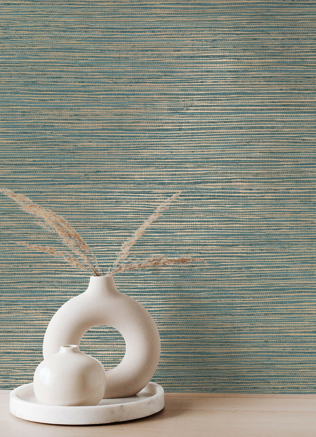 Alton Teal Faux Grasscloth Wallpaper with Metallic Textured Modern Graphics - Brewster 4125-26717