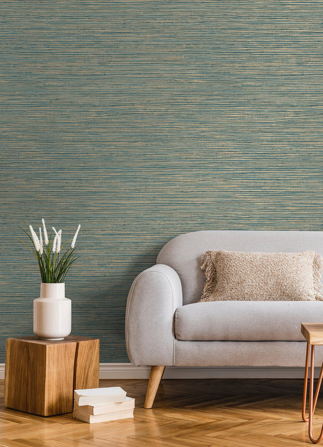 Alton Teal Faux Grasscloth Wallpaper with Metallic Textured Modern Graphics - Brewster 4125-26717