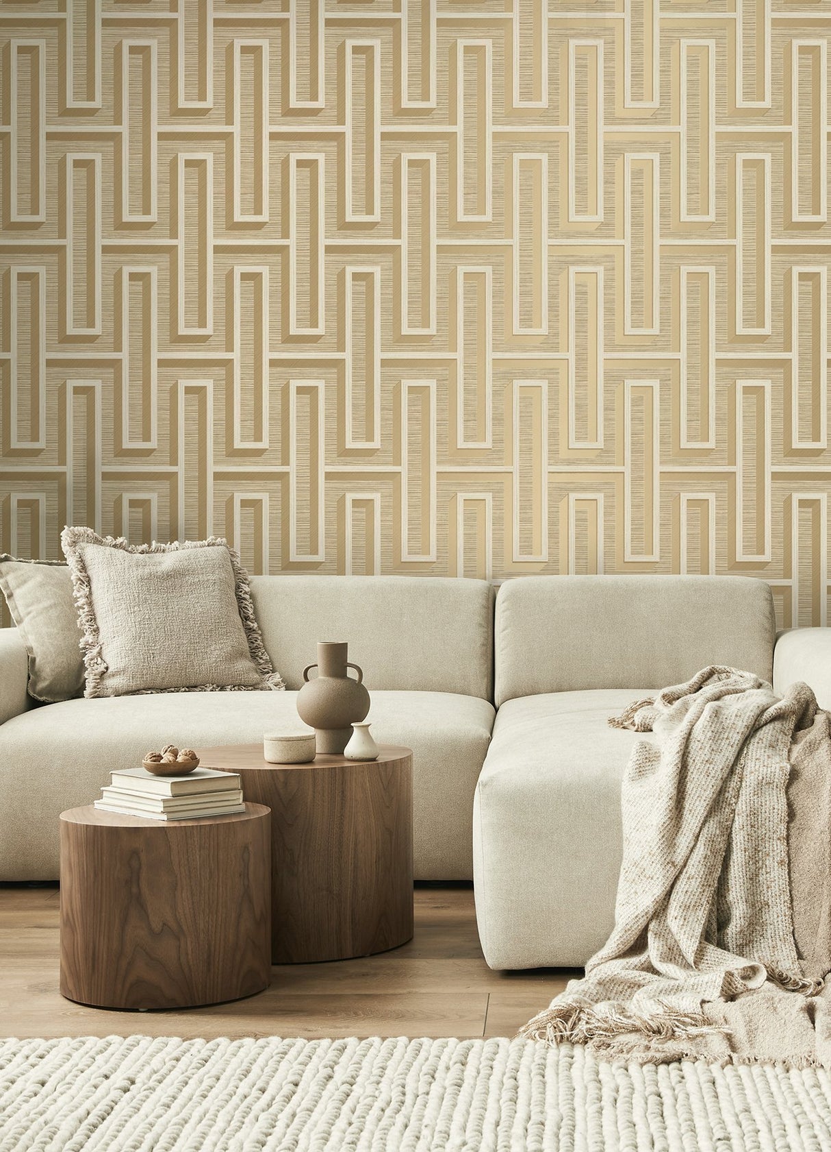 Henley Wheat Geometric Grasscloth Wallpaper with Modern Geometric Maze Pattern - Advantage 4125-26721