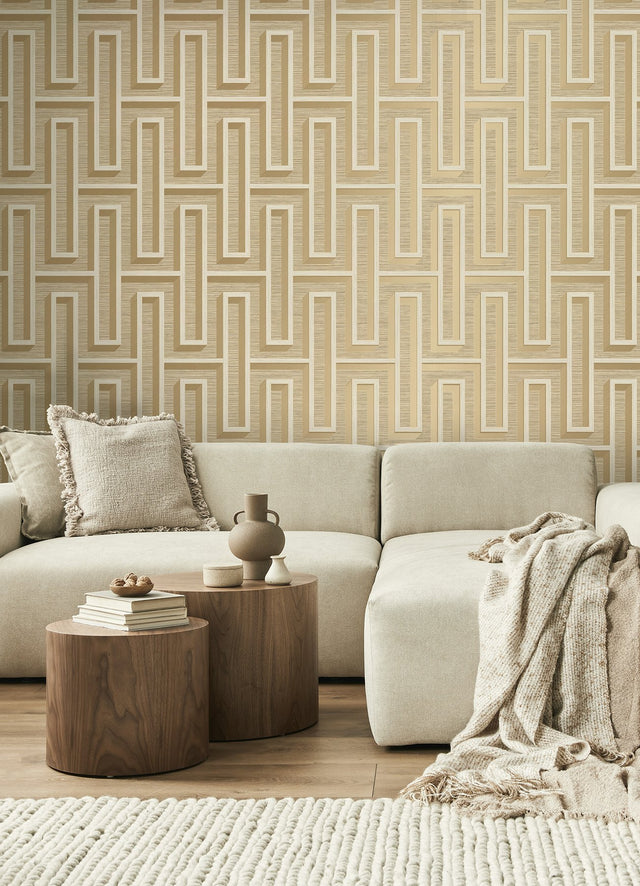 Henley Wheat Geometric Grasscloth Wallpaper with Modern Geometric Maze Pattern - Advantage 4125-26721
