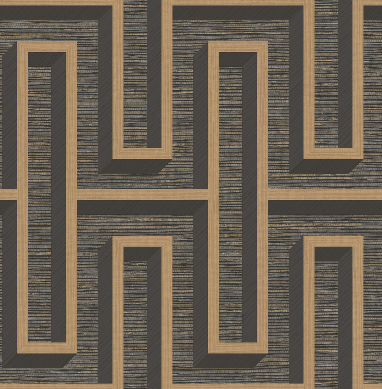 Henley Black Geometric Grasscloth Wallpaper with Metallic Textured Maze Pattern - Advantage 4125-26722