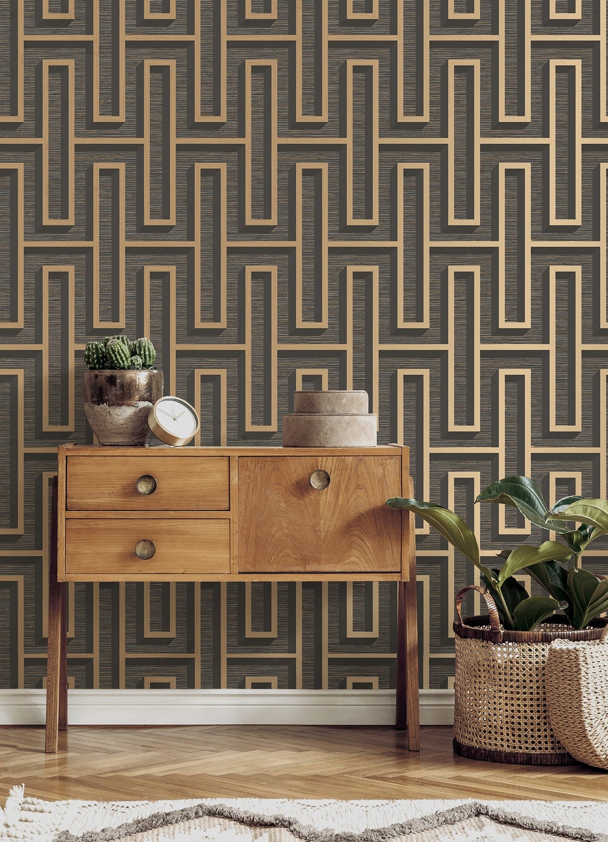 Henley Black Geometric Grasscloth Wallpaper with Metallic Textured Maze Pattern - Advantage 4125-26722