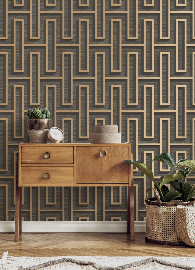 Henley Black Geometric Grasscloth Wallpaper with Metallic Textured Maze Pattern - Advantage 4125-26722