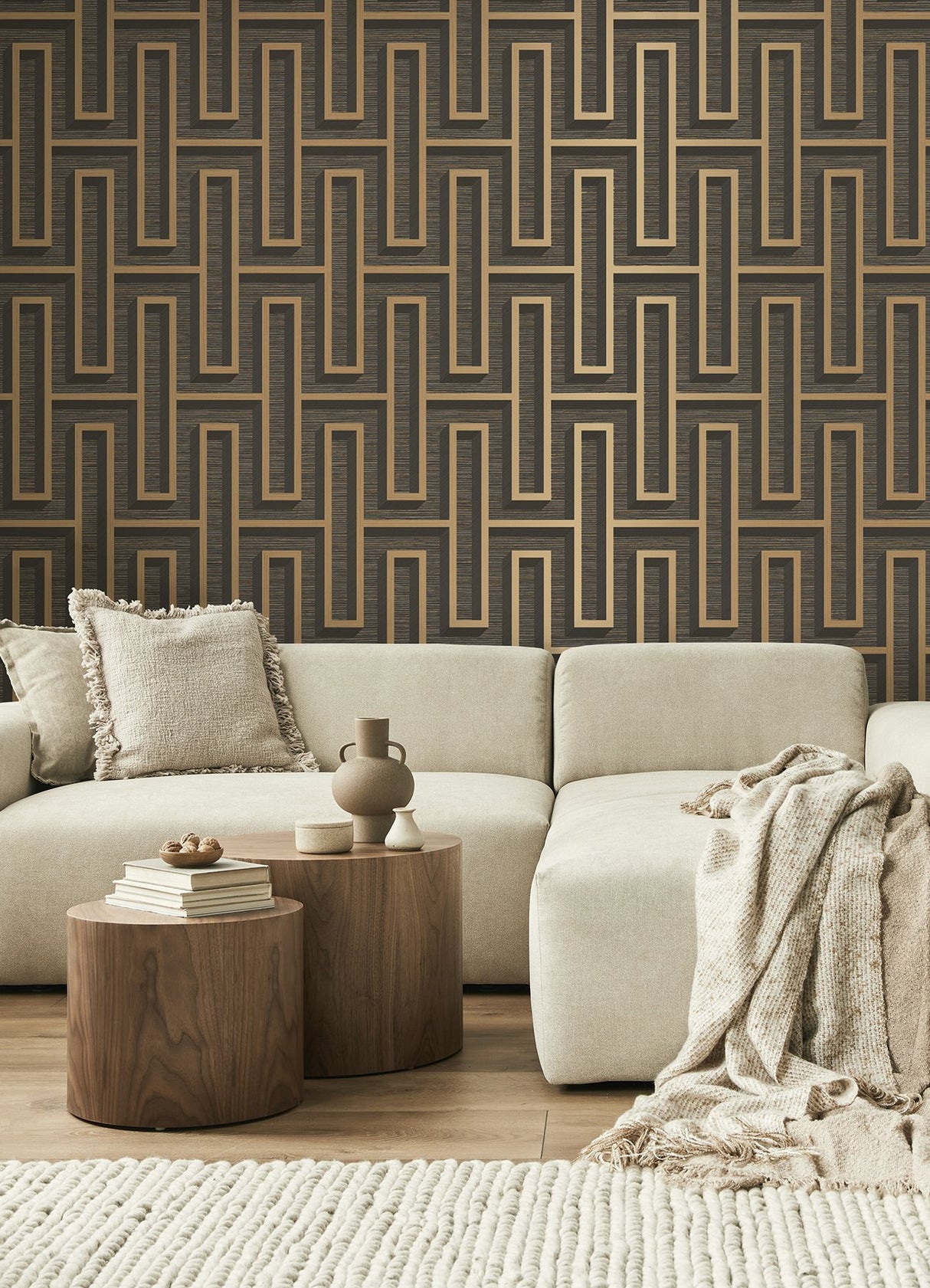 Henley Black Geometric Grasscloth Wallpaper with Metallic Textured Maze Pattern - Advantage 4125-26722