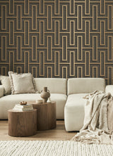 Henley Black Geometric Grasscloth Wallpaper with Metallic Textured Maze Pattern - Advantage 4125-26722