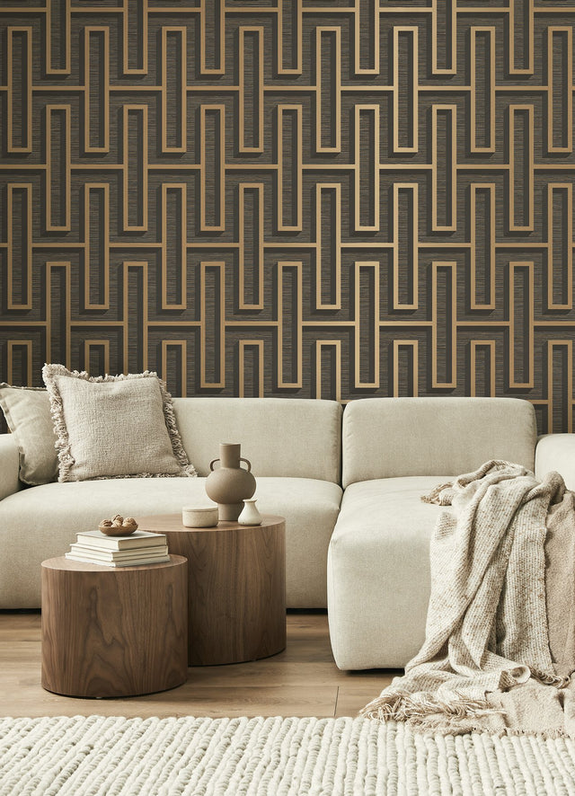 Henley Black Geometric Grasscloth Wallpaper with Metallic Textured Maze Pattern - Advantage 4125-26722