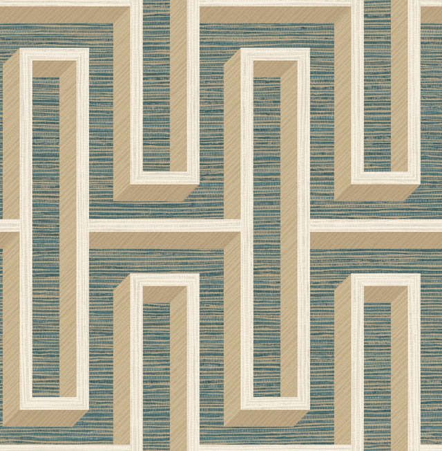 Henley Teal Geometric Grasscloth Wallpaper with Modern Graphic Metallic Texture - Advantage 4125-26723