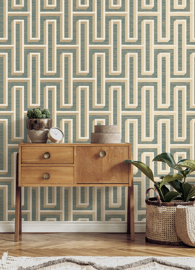 Henley Teal Geometric Grasscloth Wallpaper with Modern Graphic Metallic Texture - Advantage 4125-26723