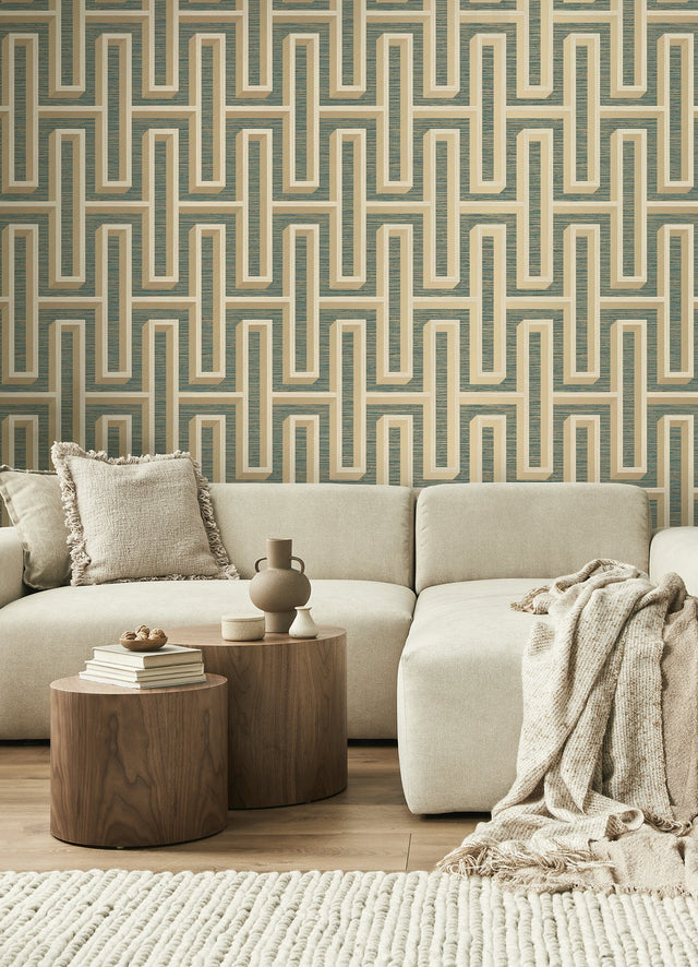 Henley Teal Geometric Grasscloth Wallpaper with Modern Graphic Metallic Texture - Advantage 4125-26723