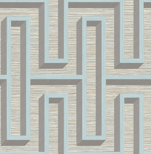 Henley Light Blue Geometric Grasscloth Wallpaper with Modern Graphic Maze Pattern - Brewster 4125-26724