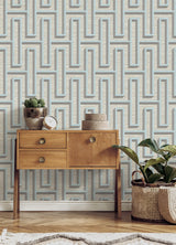 Henley Light Blue Geometric Grasscloth Wallpaper with Modern Graphic Maze Pattern - Brewster 4125-26724