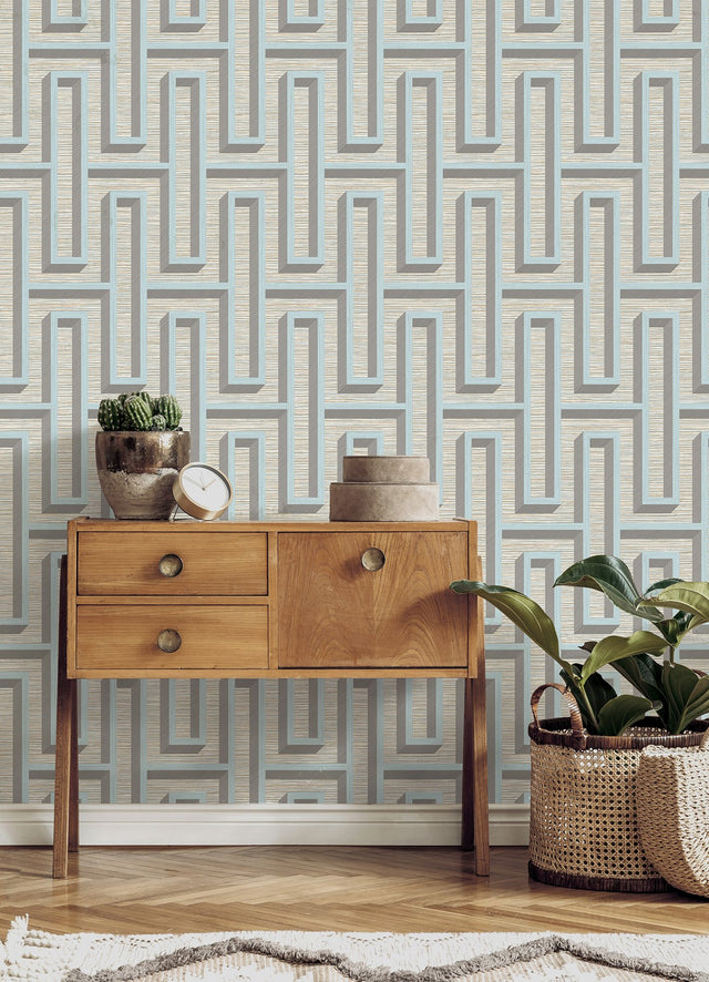 Henley Light Blue Geometric Grasscloth Wallpaper with Modern Graphic Maze Pattern - Brewster 4125-26724