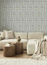 Henley Light Blue Geometric Grasscloth Wallpaper with Modern Graphic Maze Pattern - Brewster 4125-26724