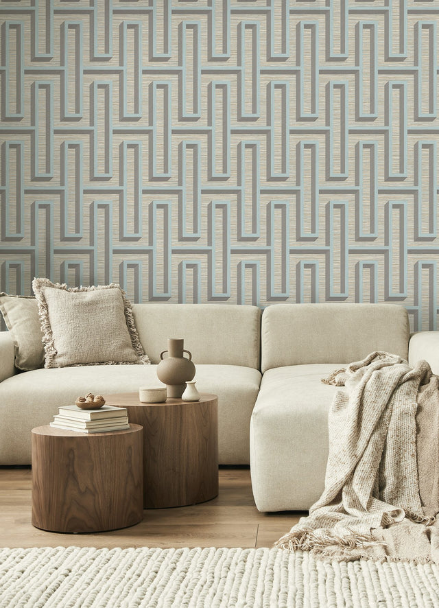 Henley Light Blue Geometric Grasscloth Wallpaper with Modern Graphic Maze Pattern - Brewster 4125-26724