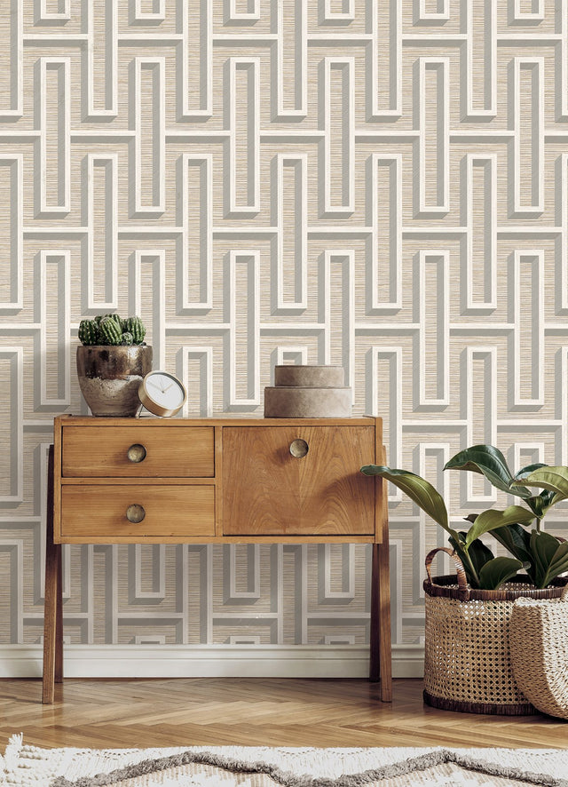 Henley Taupe Geometric Grasscloth Wallpaper with Modern Graphics Maze Pattern - Advantage 4125-26725