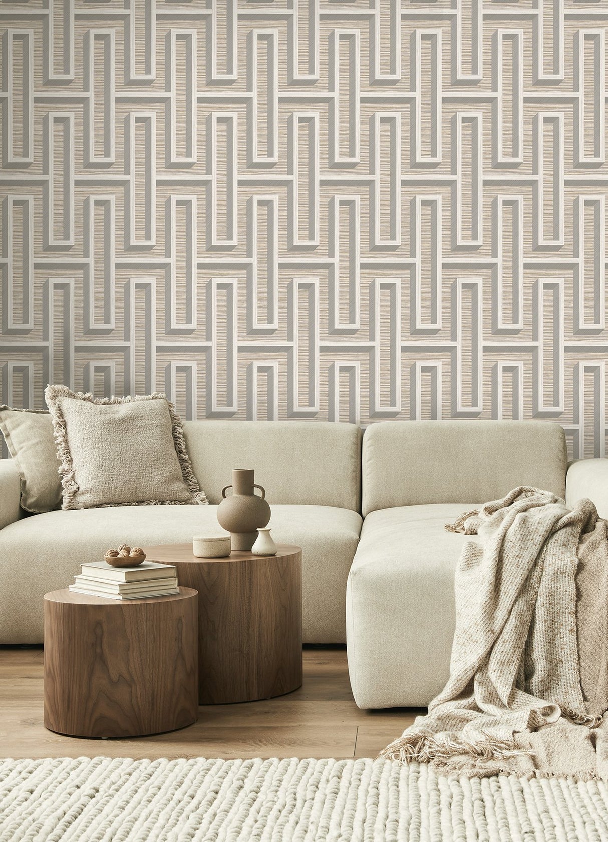 Henley Taupe Geometric Grasscloth Wallpaper with Modern Graphics Maze Pattern - Advantage 4125-26725