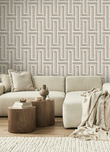 Henley Taupe Geometric Grasscloth Wallpaper with Modern Graphics Maze Pattern - Advantage 4125-26725