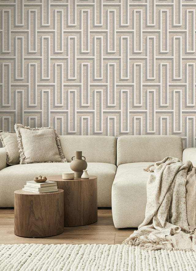 Henley Taupe Geometric Grasscloth Wallpaper with Modern Graphics Maze Pattern - Advantage 4125-26725