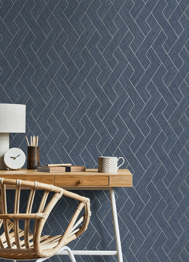 Ember Indigo Geometric Basketweave Wallpaper with Modern Metallic Textured Graphics - Brewster 4125-26727