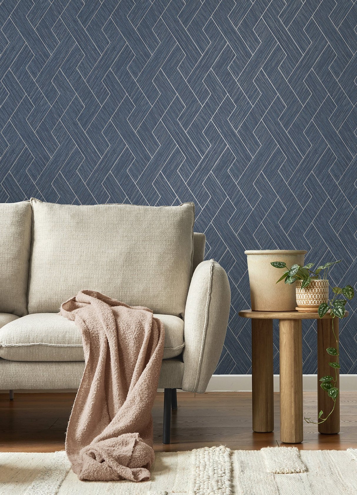 Ember Indigo Geometric Basketweave Wallpaper with Modern Metallic Textured Graphics - Brewster 4125-26727