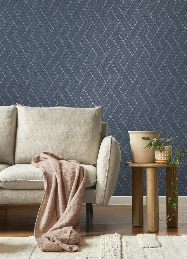 Ember Indigo Geometric Basketweave Wallpaper with Modern Metallic Textured Graphics - Brewster 4125-26727